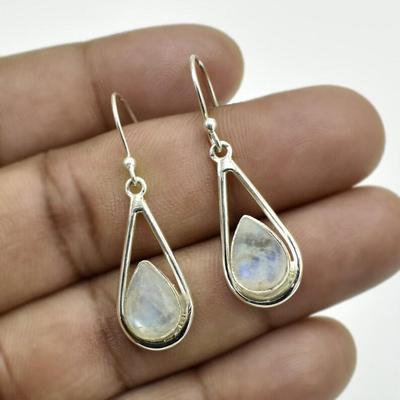 Moonstone Gemstone Women Dangle Earring, Solid 925 Sterling Silver Partywear Earring, Cabochon Earring, Mother's Day Gift