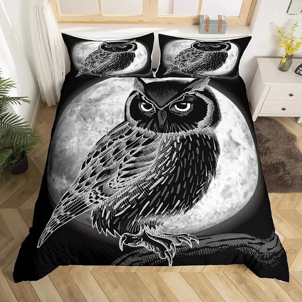 Owl Duvet Cover Set 3D Boho Owl Bedding Set Boho Exotic Style Comforter Cover Moon Safari Bird Animal Print Quilt Cover Queen