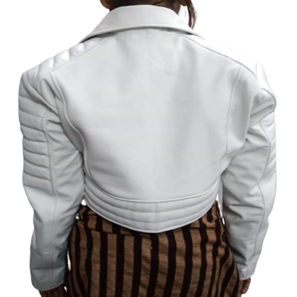 NOORA Womens White Leather Cropped Biker Jacket With Zipper & Pocket | Zip On Sleeves | Belted Jacket | Snap On Collar