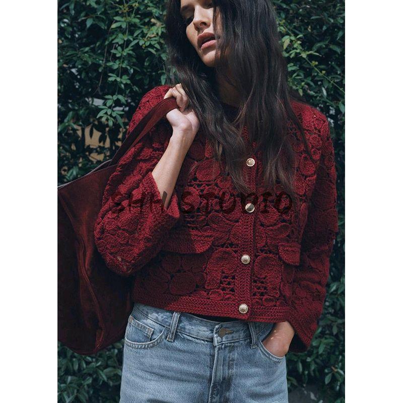 Spring and Summer New Women's Clothing Minimalist Wind Decorated Row Button Bends and Hitches Woven Long Sleeves round Neck Knitting Outwear 1957001