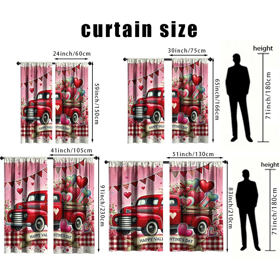 2pcs Valentine's Day Red Truck Curtains   Romantic Pink Heart Pattern   Living Room Bedroom Decor   with Rod Pocket