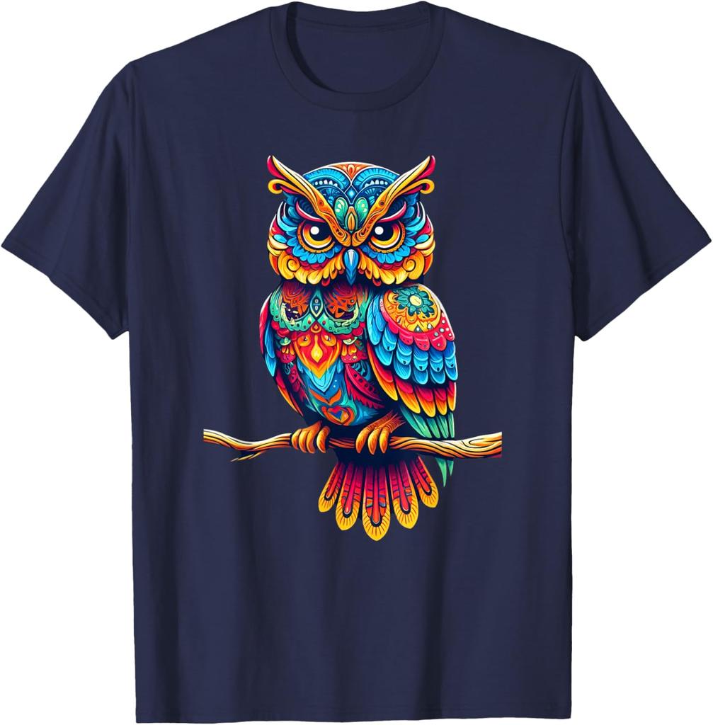 Colorful Psychedelic Owl Perched on Branch Graphic T-Shirt Casual Cotton Tee for Men