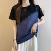 Women's Fake Two-Piece T-Shirt - Striped Panel Lace Trim Casual Short Sleeve Top