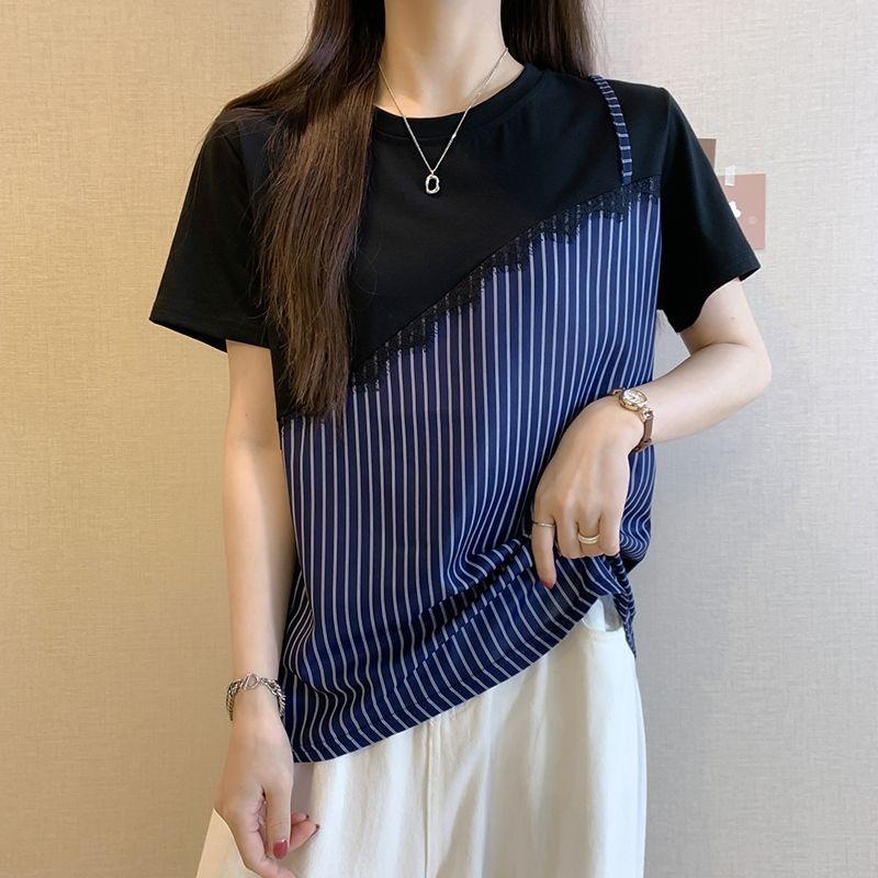 Women's Fake Two-Piece T-Shirt - Striped Panel Lace Trim Casual Short Sleeve Top