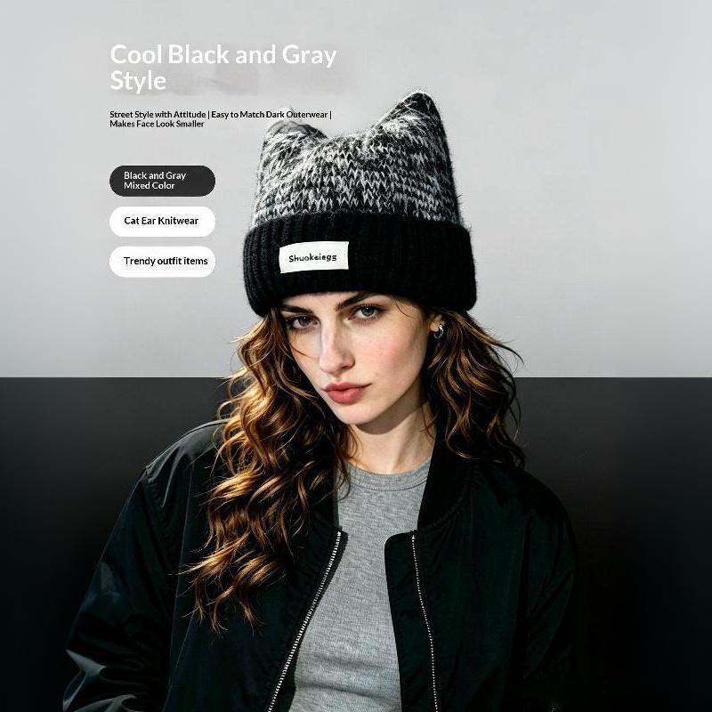 Fuzzy Knit Cat-Ear Beanie Warm Plush Lined Thermal Winter Hat for Women Casual Street Wear Outdoor Daily Use