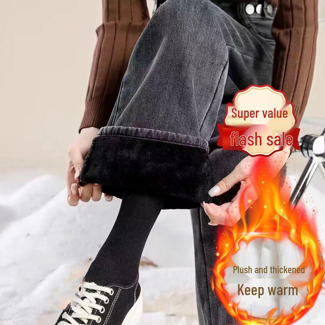 

Женские джинсы прямого покроя из бархата с высокой талией - Зима 2024 Теплые брюки широкого покроя XL