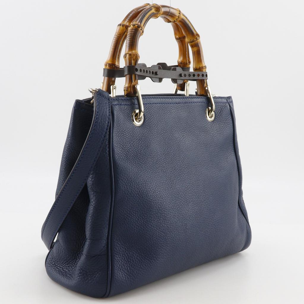 GUCCI Bamboo shopper small tote Handbag 336032 2WAYShoulder Navy blue Calfskin Women Used