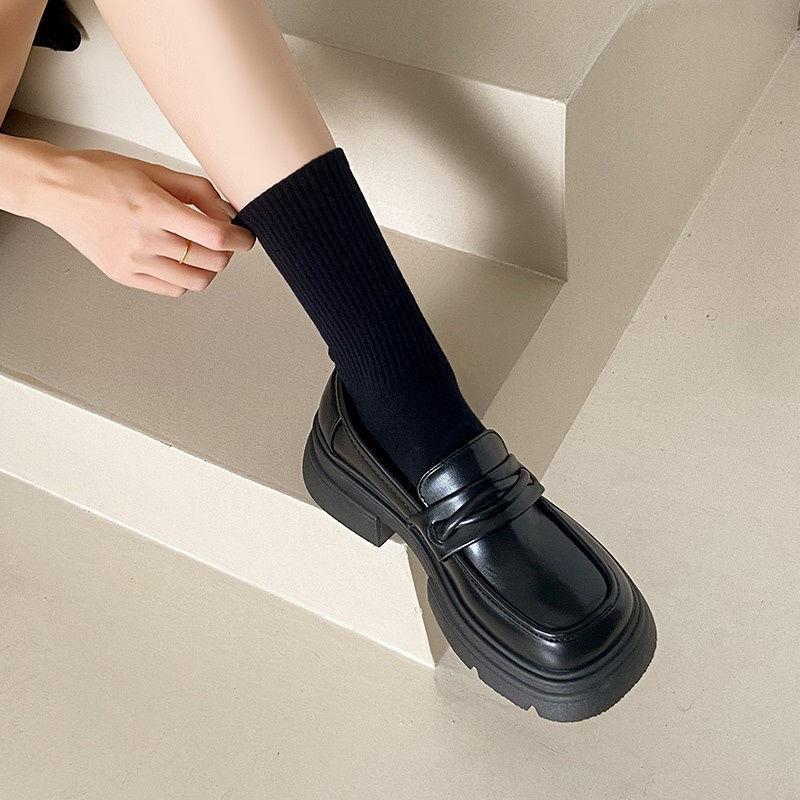 New spring and autumn thick heel one pedal round head versatile retro black platform small leather shoes women