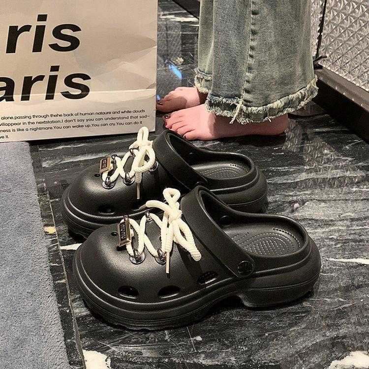 Platform women's shoes 2025 new beach sandals lace-up hole shoes Platform sole casual and comfortable versatile one-pedal sandals