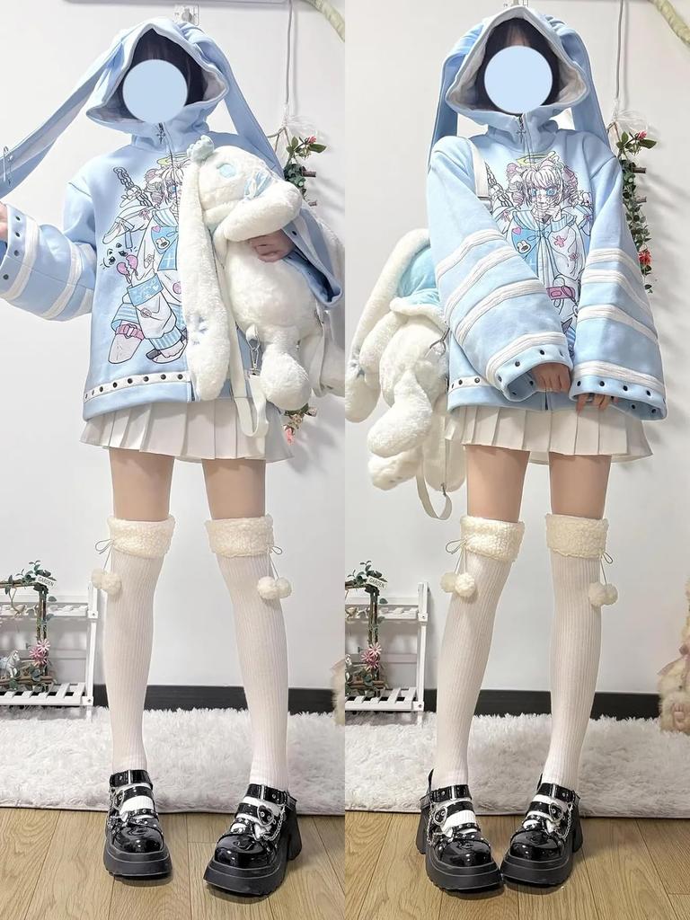 XHSUKADO Rabbit Ear Long Cute Color Angel Harajuku Shibuya Subculture Light Size L Women's Hoodie, Sleeve, Thick, Sweatshirt, Coat, Outerwear, Top,