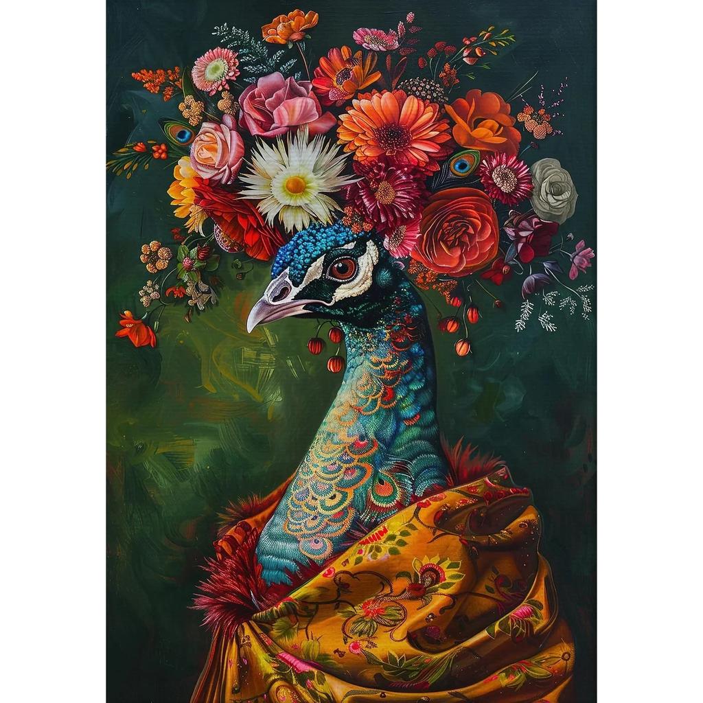 Vintage Maximalist Floral Wild Animal Canvas Painting Lion Owl Peacock Wolf Flower Poster Print Wall Art Picture Home Decor