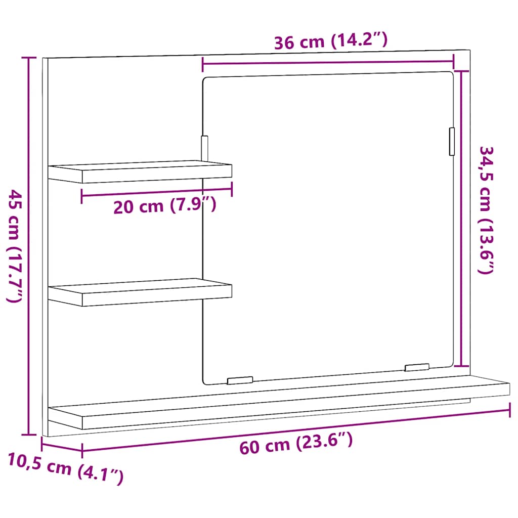 Bathroom Mirror with Shelves Artisan Oak Finish 60 x 10.5 x 45 cm