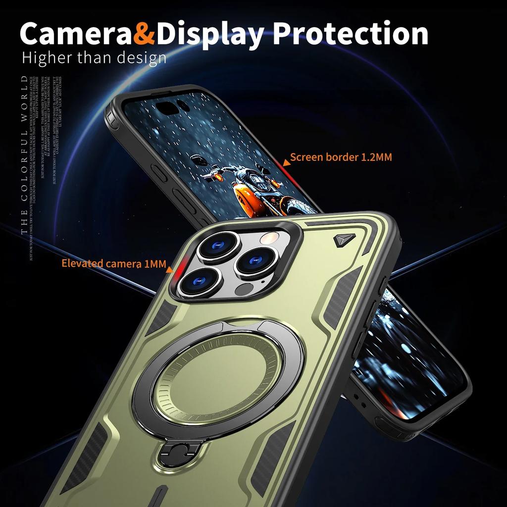 Military Armor Shockproof Case For iPhone 11 12 13 14 15 Plus 16 Pro Max 360° Rotating Ring Holder TPU Frame Plastic Phone Cover