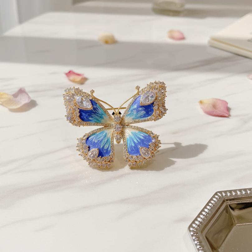 Xiliangfeizi Luxury Gold Plated Environmental Pear-Shaped Zircon Set Butterfly Brooches Enamel Pins-Women's Party Gift