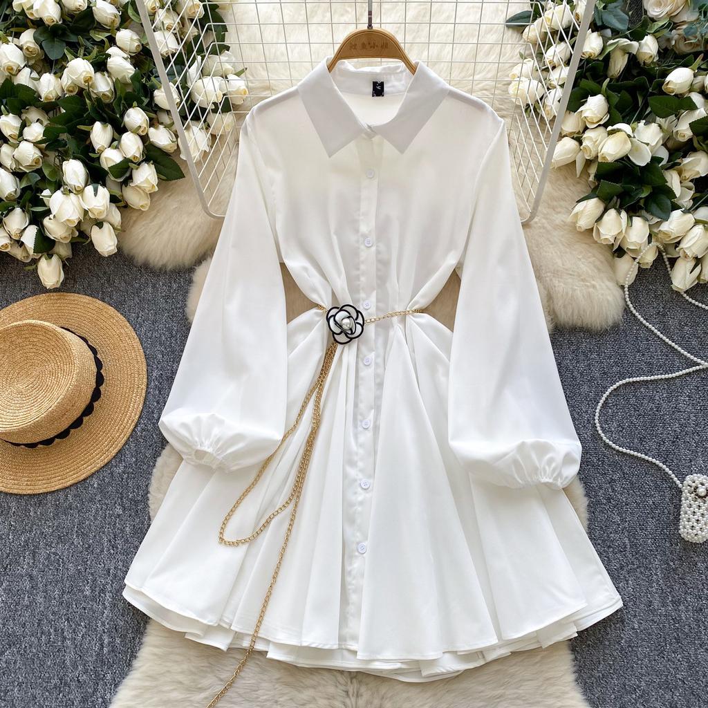 Women's Spring Autumn Loose Casual Dress Metal Chain Waist French Style Long Lantern Sleeves Elegant Shirt Dresses