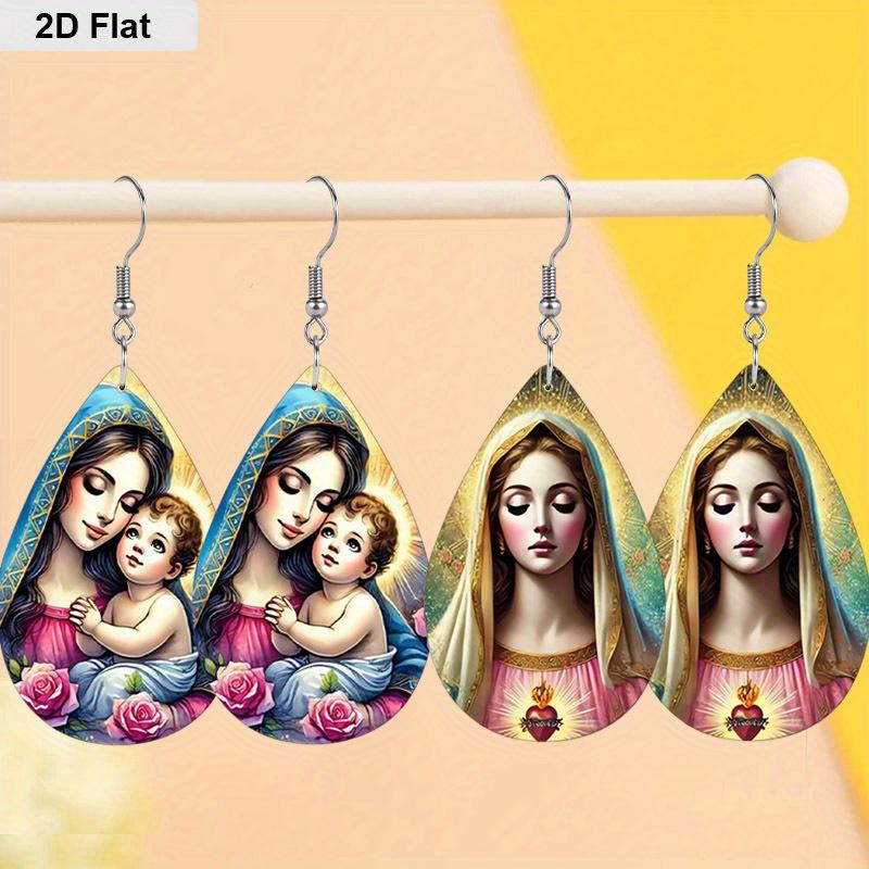

Elegant Our Lady with Angel PU Drop Dangle Earrings, Inspiration Jesus Theme Double Sided Hoop Earring,