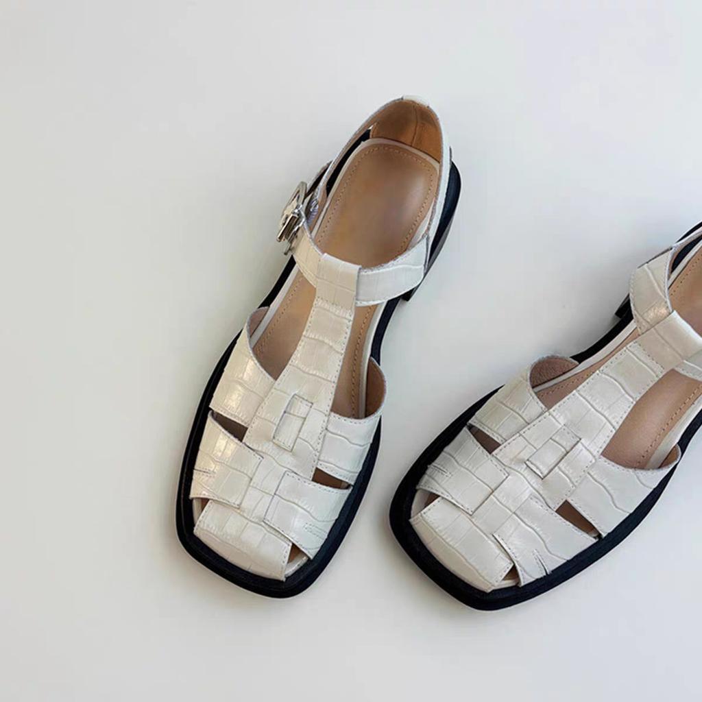 Sheepskin version~ Leather retro Roman sandals women's summer wear thick heels low heels pig cage shoes hollow casual bag head shoes