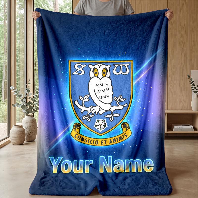 Sheffield Wednesday FC Custom Name Text Flannel Blanket Soccer Logo Personalized Fleece Throw Blanket Special Gift For Sofa Bedroom Home