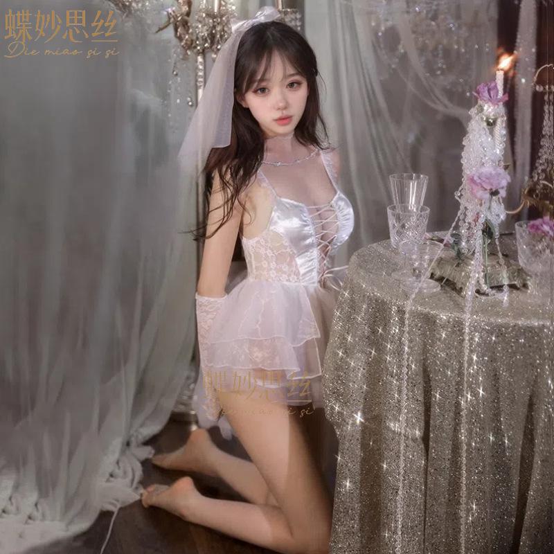 Bead chain embellished front straps bridal suit wedding dress lingerie uniform sexy pajamas