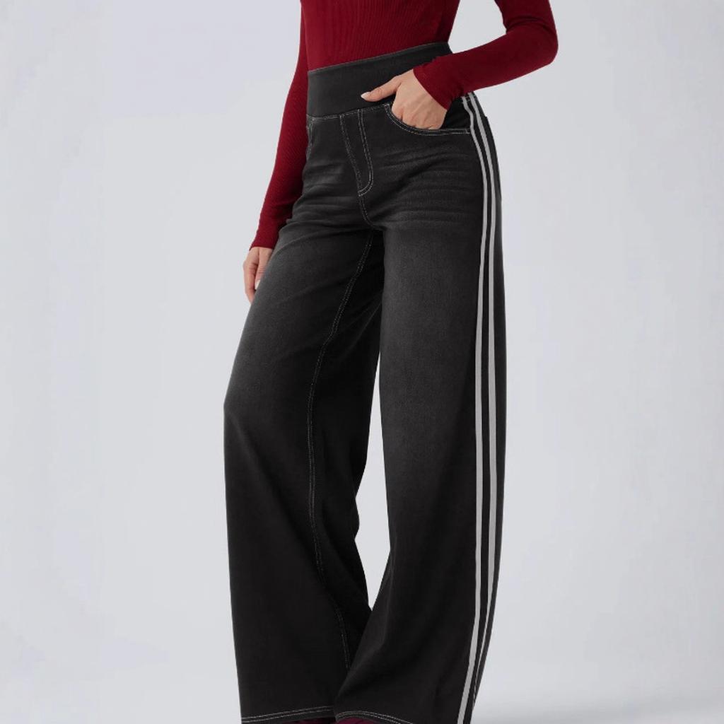 Women's Retro Side Stripe Baggy Wide Leg Jeans, Trendy Double Stripe Long Denim Pants for Casual Street