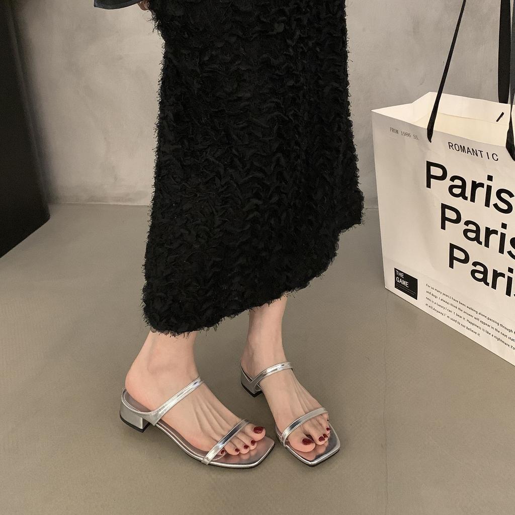 New thick-heeled one-word slippers, fairy shoes, niche leopard print, square head, thin strap, sandals.