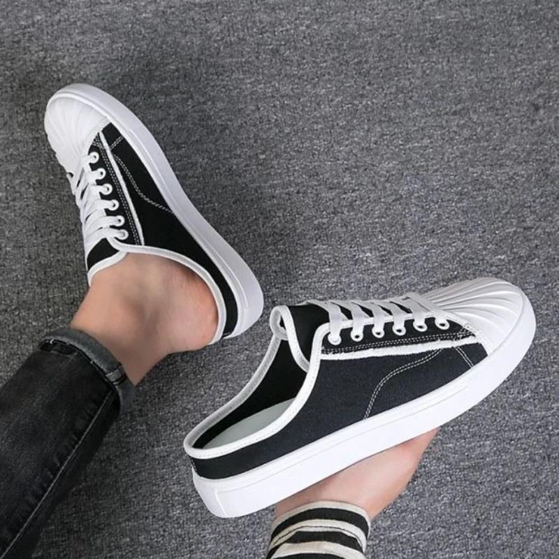 Men's Shoe Mules Half Canvas Slides Rubber Flat Male Slipper Y2k High Quality Cheap Shoes Liquidation Clappers 2025 Fun