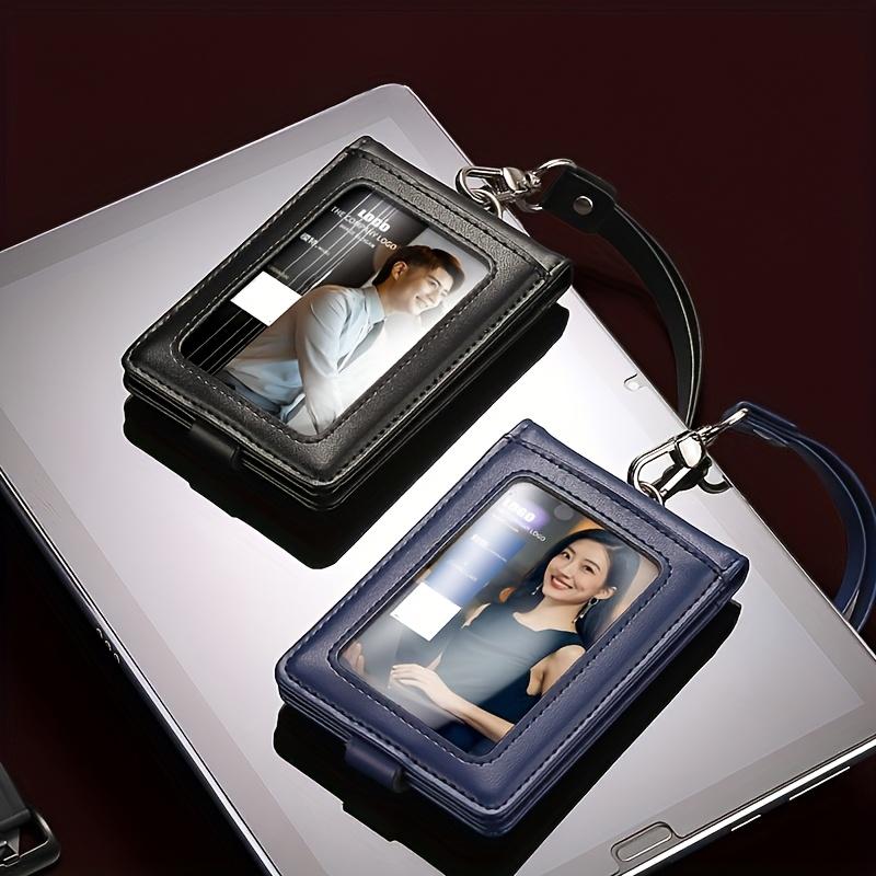 Leather ID Tag Badge Holder Protective with Lanyard Employee Pass Work Card Case Buckle Photocard Flip Chest Card Bag
