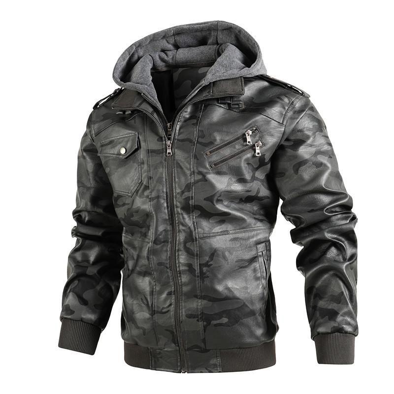 

Men s Fall and Winter PU Leather Jacket Warm Plus Size Hooded Jacket Short Windproof Jacket S