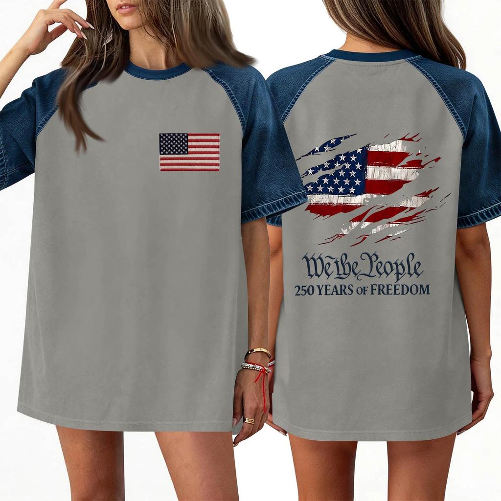 Denim Patchwork Shirts For Women Stand Collar Casual Blouse Short Sleeve Comfy Tshirt Spring Summer Fashion