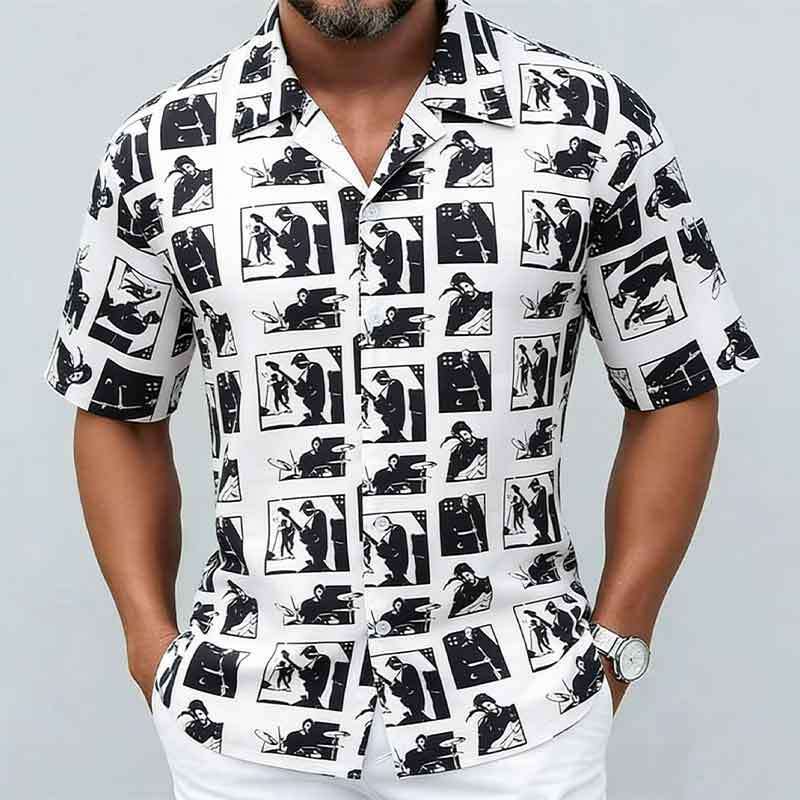 Mens Musician Print Cuban Collar Short Sleeve Casual Hawaiian Shirt S