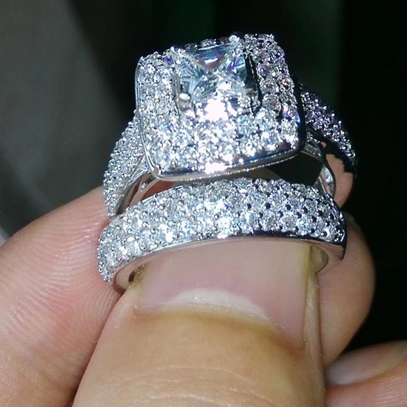 Luxury Fashion Wedding Rings for Women 2Pcs/Sets Full Shiny Tiny CZ Jewelry for Engagement High-quality Accessories Gift