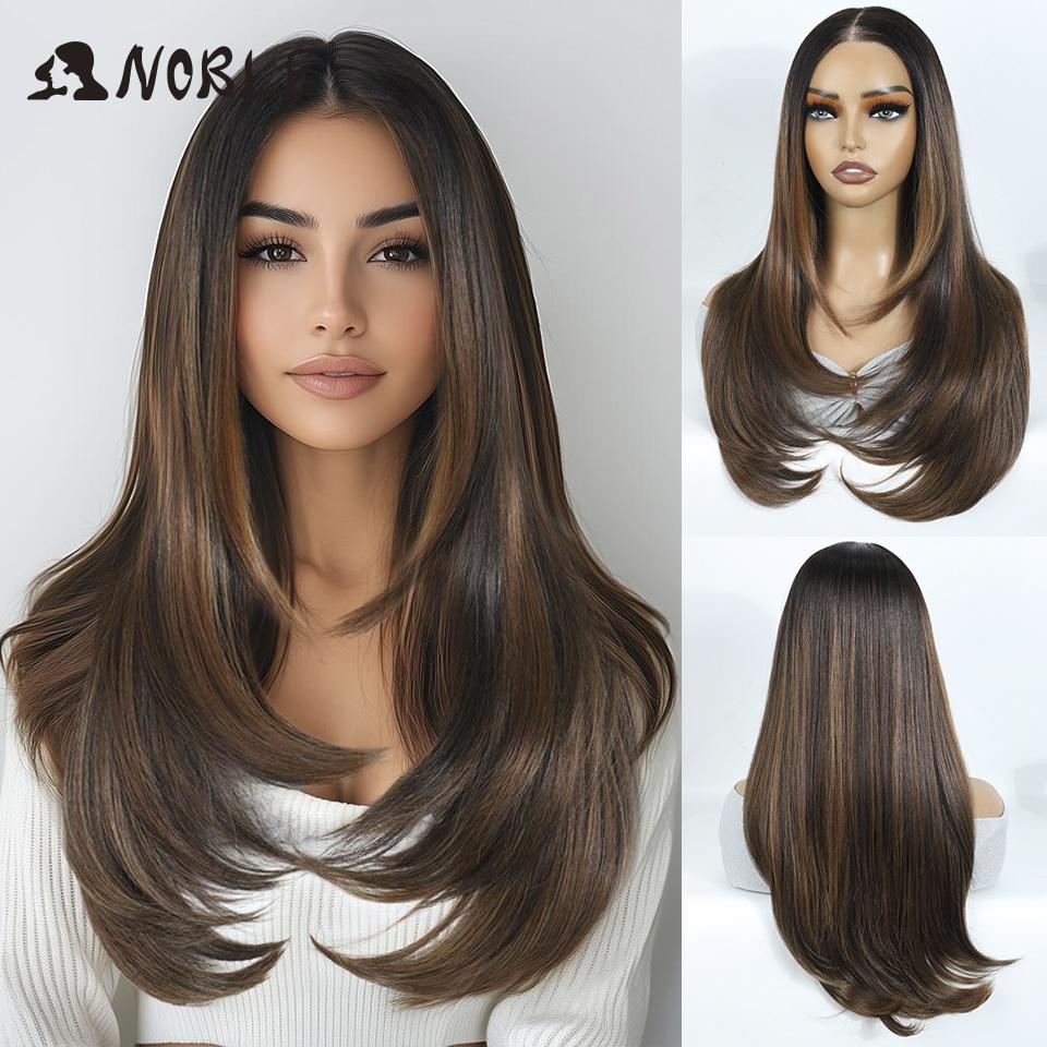 Edle Synthetische Spitze Front Perücken für Damen 24 Zoll Gerade Spitze Perücke Ombre Braun 6x4 Vorzupft Vor geschnitten Anziehen und Los Gehen Klebstofflose Perücke