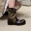 Retro color matching and thin stacking boots women's autumn new thick heel medium boots belt buckle locomotive boots Martin boots