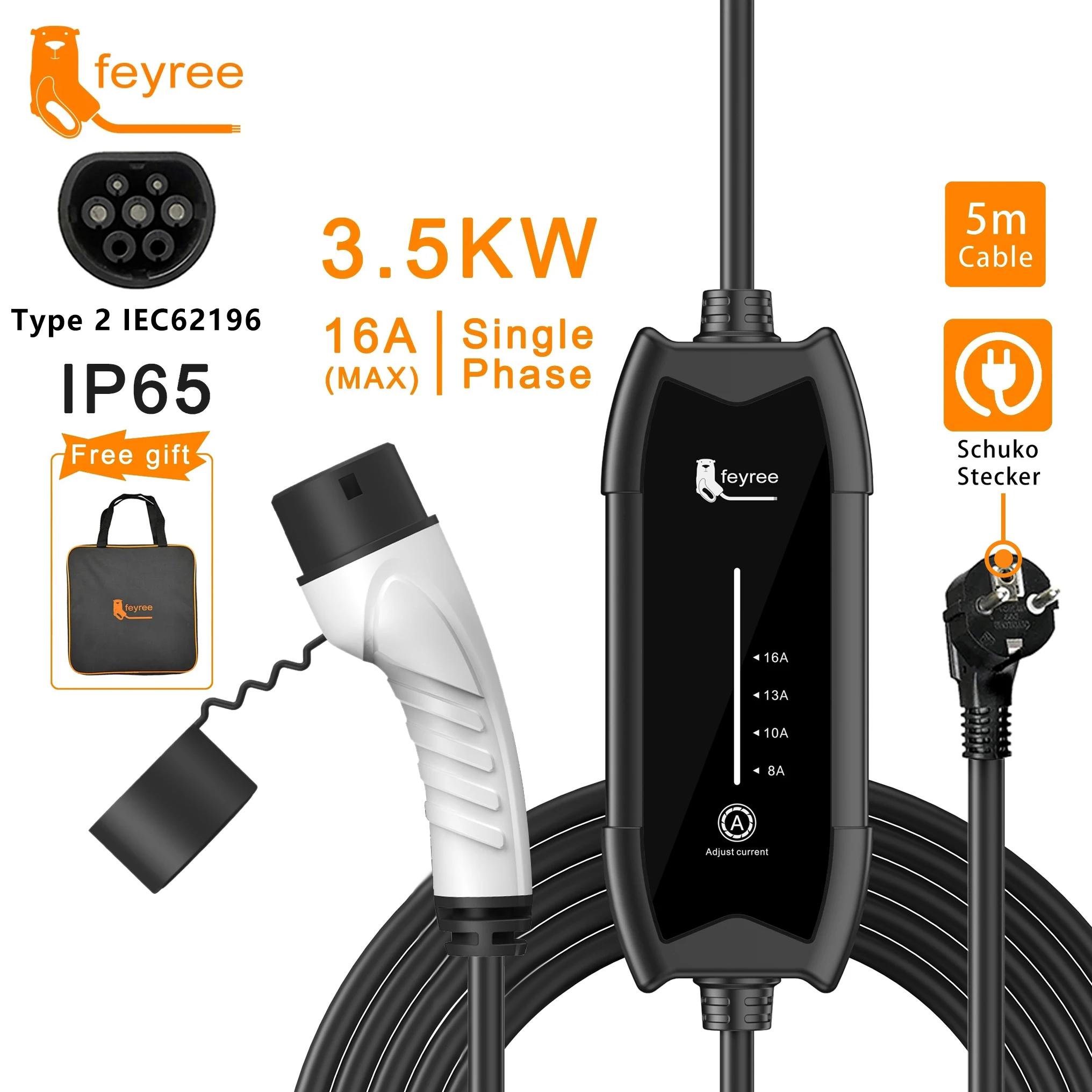 feyree Type2 3.5KW 16A 1Phase EV Charger Portable Charging Box Current Adjustable 5m Cable Charging Station for Electric Vehicle Type2 3.5KW 16A