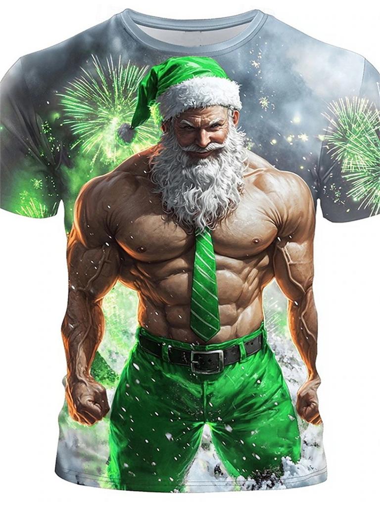Retro Men's T-shirt 3D Print Funny Muscle Santa Claus T Shirts Men's Fashion Casual Round Neck Short Sleeve New Year Party Tops