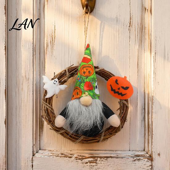 Rustic Halloween Decor Gnome Wreath, Faceless Rattan Hanging Decoration Handmade Wreath with Pumpkin Ghost for Front Door Wall Holiday Party