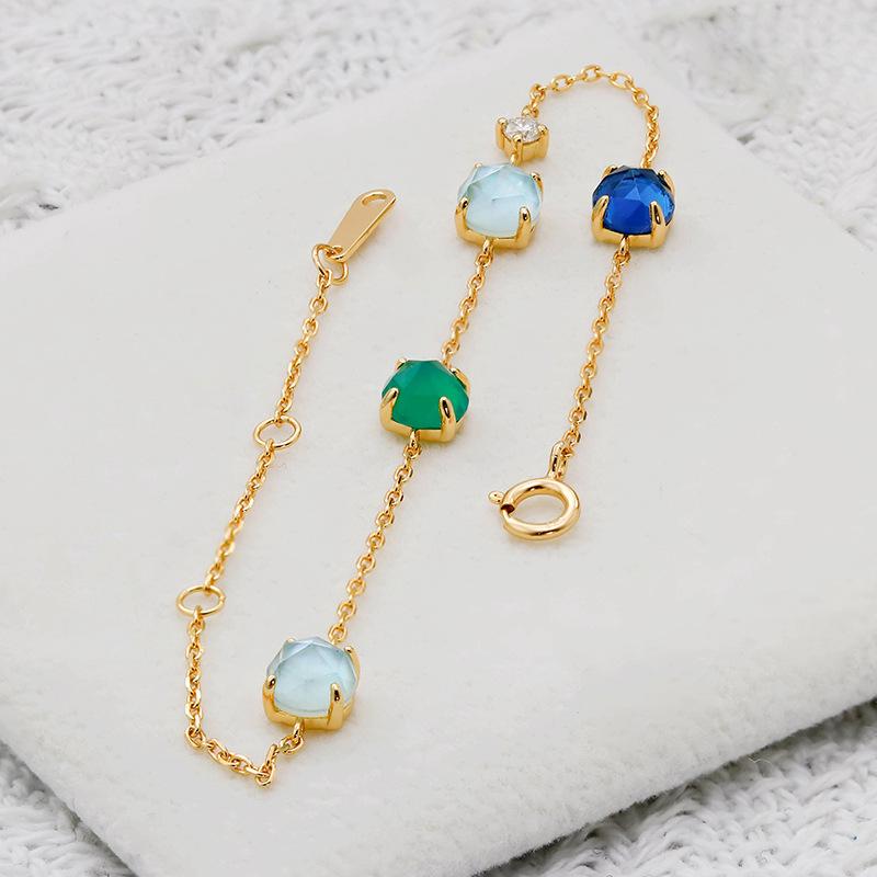 Dunlay Jewelry French Retro Niche Style S925 Silver Plated with 14k Gold Chrysoprase + White Shell Bracelet