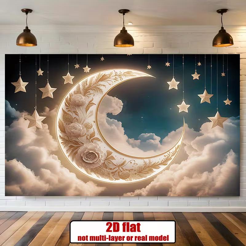 2D Celestial Night Photo Booth Background, Moon and Stars Nursery Decor 47.2x31.5inch/120*80cm