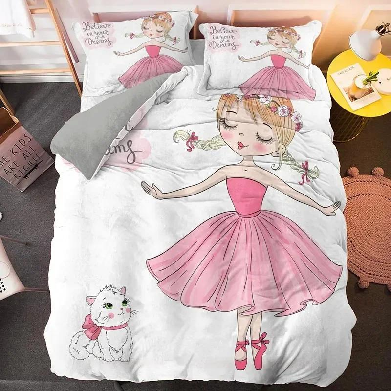 Ballet Dancer Girl Cartoon Dancing Comfortable Duvet Quilt Cover Pillowcase Bedding Set Children Bedroom Decoration Home Textile