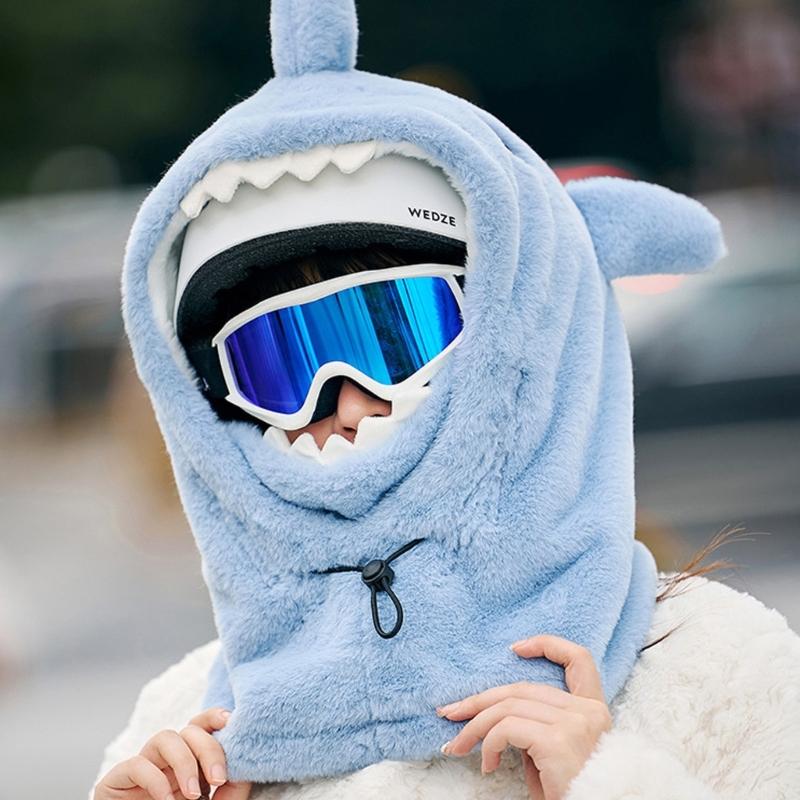 Lovely Plush Shark Ski Helmets Cover Thicken Warm Winter Hooded Head Protective Mask Hat for Men and Women Outdoor Sport