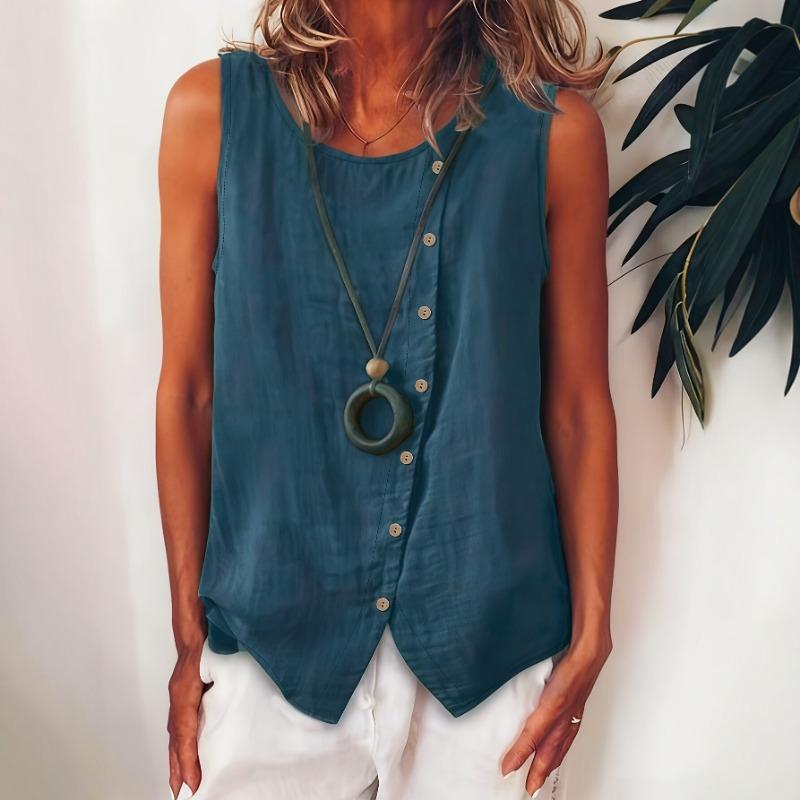 Damen Boho Locker Übergröße Diagonal Knopf Ärmellos Hemd Tanktop