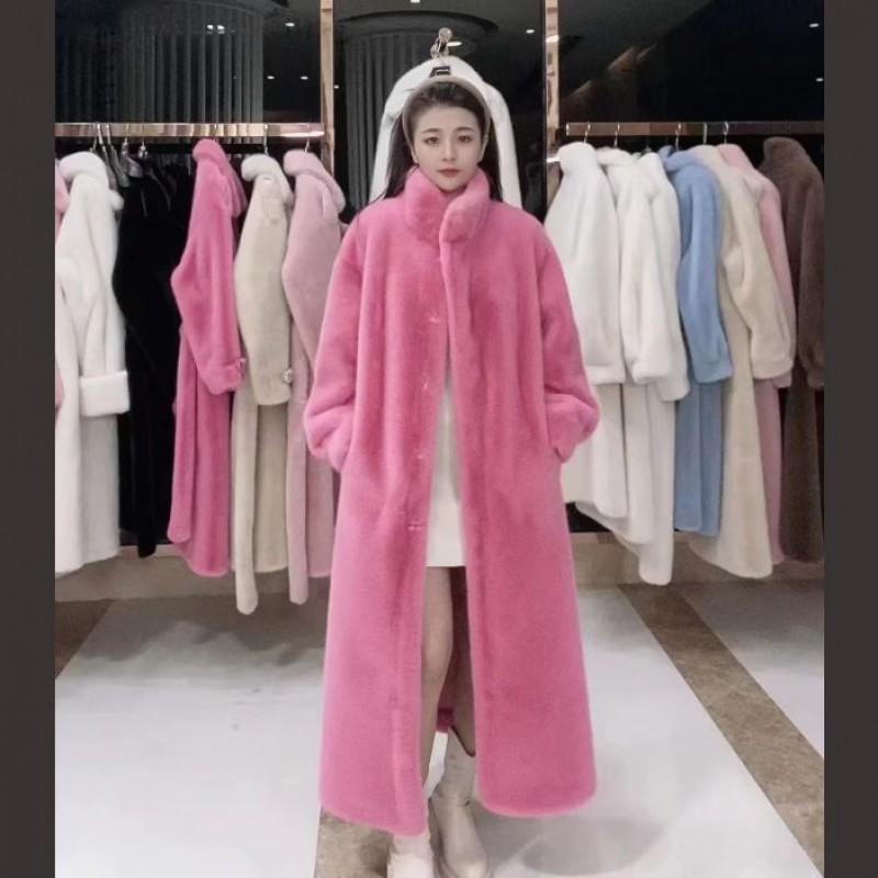 Womens Long Faux Fur Coat Thick Stand Collar Warm Winter Outerwear Elegant Casual Daily Wear