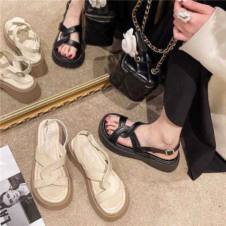 Fashion Beige Heeled Sandals Retro Woman Shoes 2025 Summer Mid-Calf Strap Black Original Low Girls New Gladiator Clear Buckle Comfort