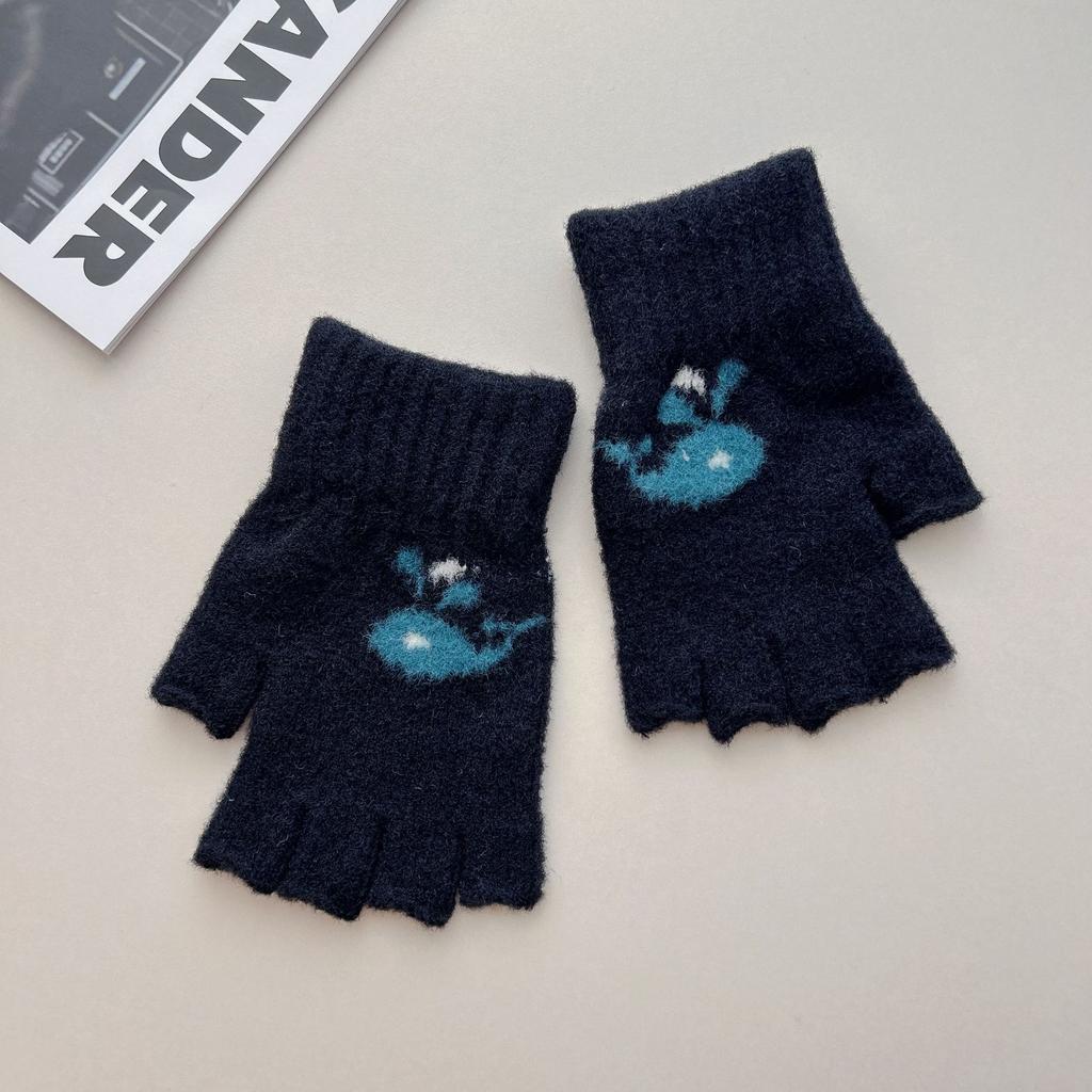 Winter warm thickened half-finger gloves Japanese cute cartoon whale picture velvet touch screen knitted wool gloves