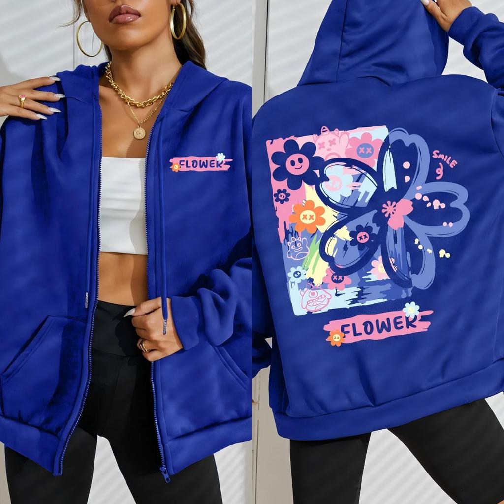 Flower Creative Graffiti Design Women Zipper Hoody Fashion Street Streetwear Loose Casual Hoodies Clothing Woman