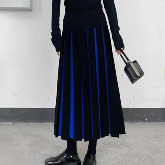 Women Midi Skirt High Waist Patchwork Color Pleated Skirt Autumn