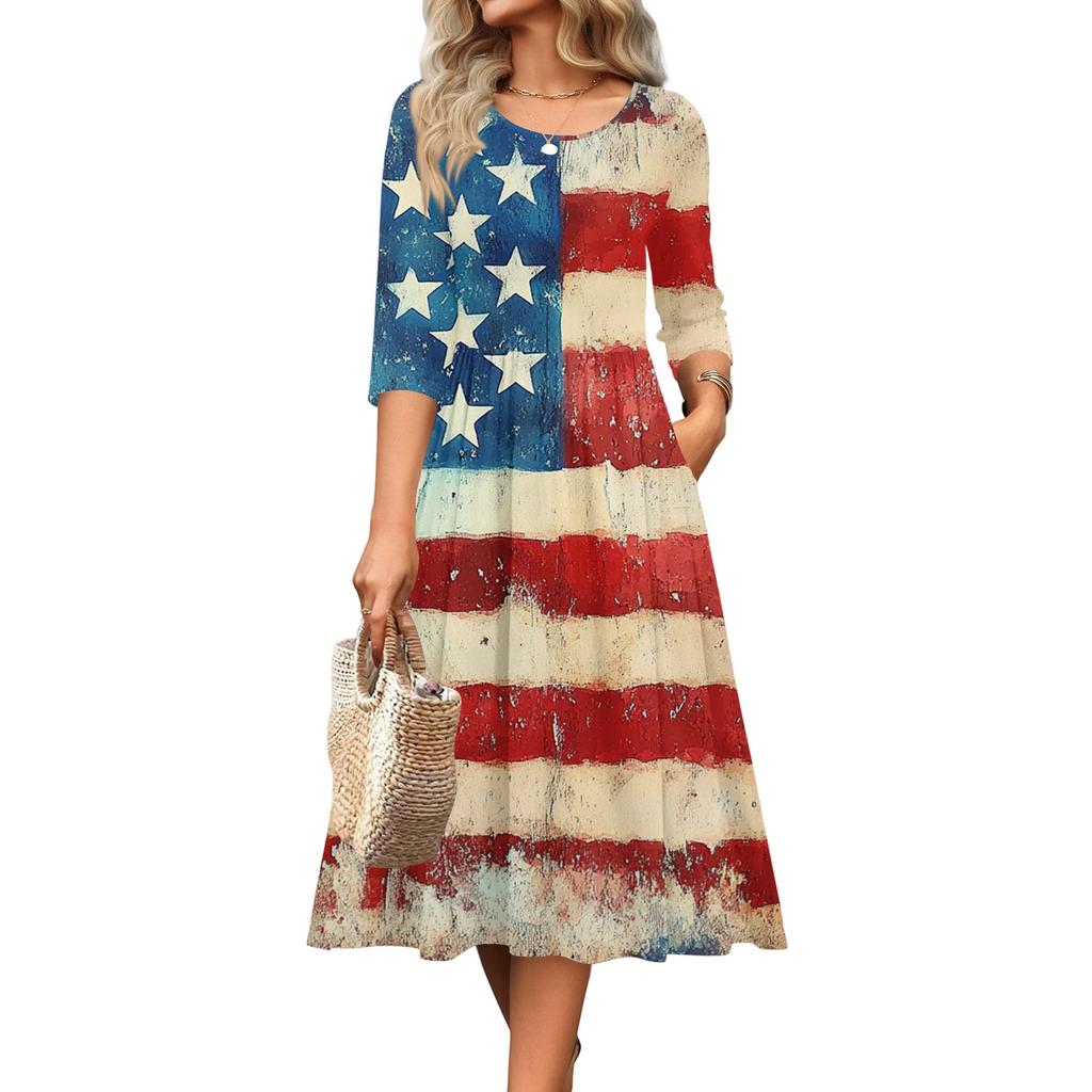 Women's Casual Round Neck Midi Dress Three Quarter Sleeve Waist Cinched Independent Day Style Spring Autumn Dress