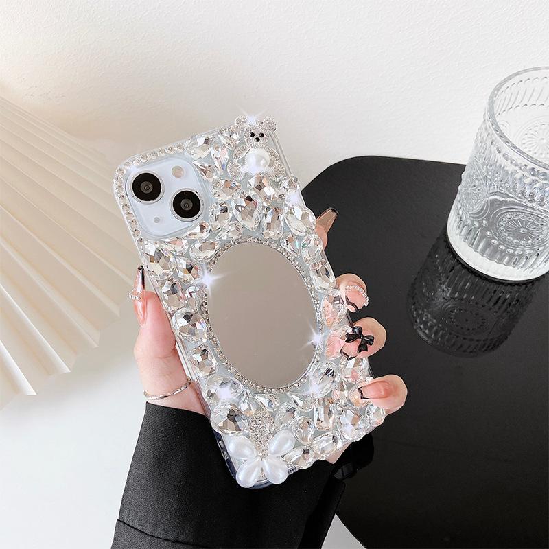 

Apple 16Promax Mobile Phone Case Makeup Mirror For Iphone17 Luxury 13 Rhinestones 15 Pearls Xr Rabbit iPhone 7/8/SE 2020