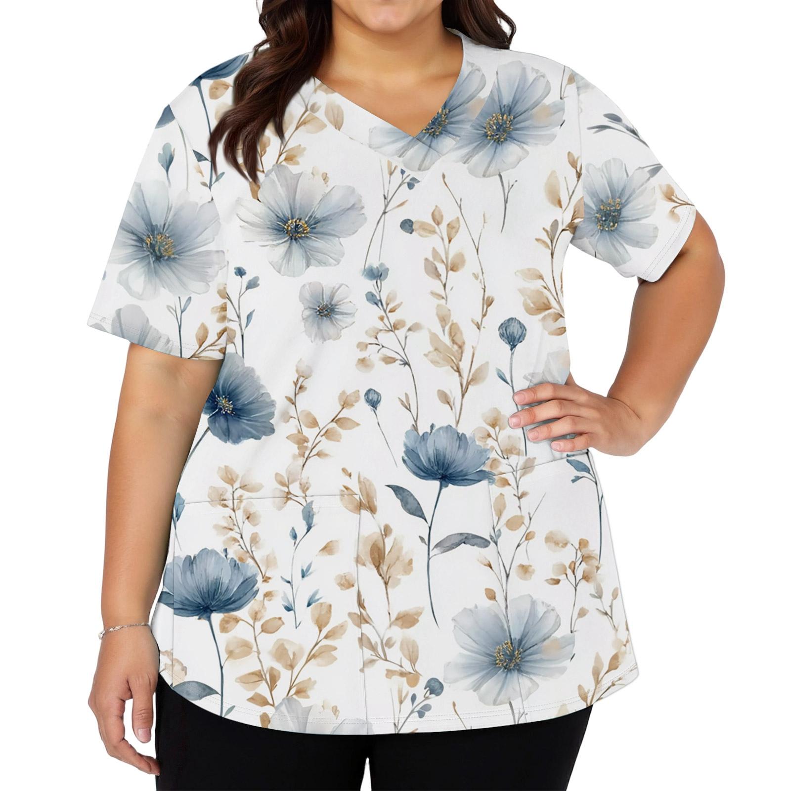 

Women s Fashionable V,neck Short,Sleeved Work Top With Double Side Slits And Pockets, Featuring A Retro Floral Print. S білий