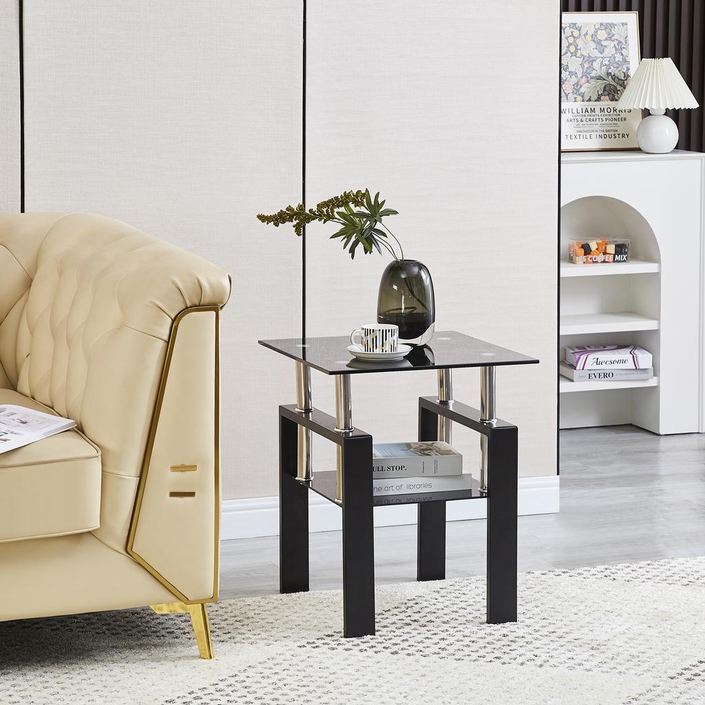 2-Piece Tempered Black Glass Sofa Table, Black Nightstand with Metal Leg for Living Room